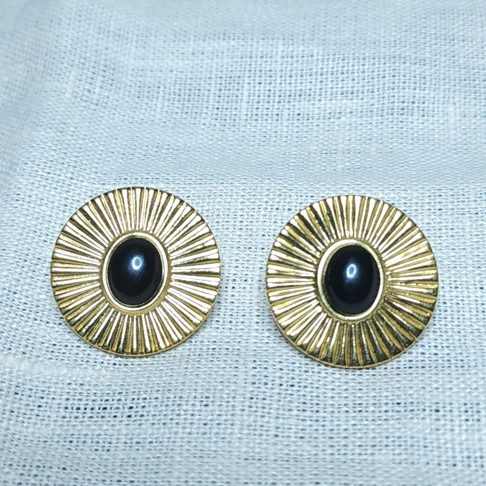 Vintage Sunburst Earrings Pierced Post Black Cabochon Modernist Brutalist 1"